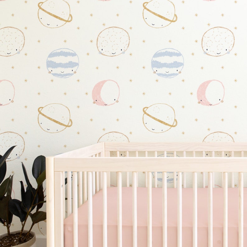 Pastel Starry Night Peel and Stick Wallpaper for Baby Girl Nursery or Girls Room in Baby Pink and Glitter Gold image 2