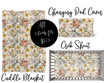 Baby Bedding Gift Set, Vintage Floral Crib Bedding, Rust, Orange, Yellow, Sunflower, Changing Pad Cover, Crib Sheet, Minky Blanket