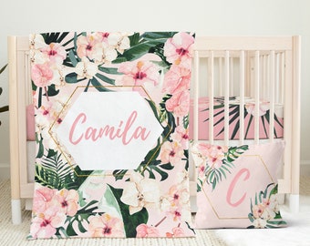 Baby Girl Crib Bedding Set, Tropical, Pink Floral, Boho, Personalized Crib Sheet, Minky Blanket, Nursery Pillow, Baby Shower Gift Set