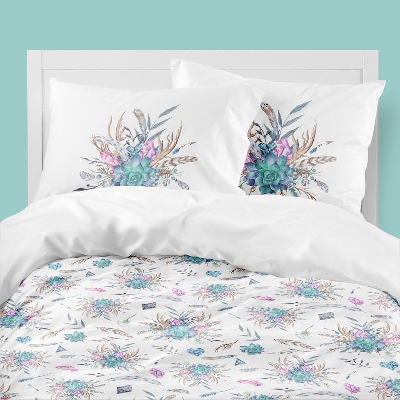 Boho Bedding Set Floral Feathers Bohemian Dorm Room Twin Etsy