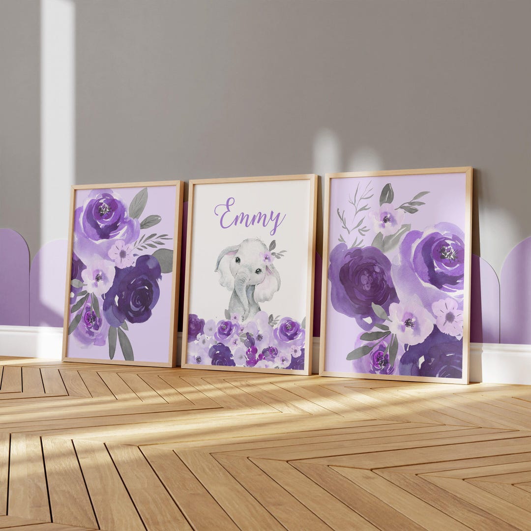 Floral Nursery Wall Art, Elephant Nursery Decor, Purple Floral Girl ...