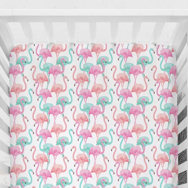 Baby Girl Nursery, Crib Sheet, Flamingo Crib Bedding, Pink, Mint, Coral, Tropical, Nursery Decor, Baby Shower Gift