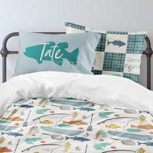 Fishing Bedding Set, Fish Bedroom, Gone Fishing Boys Bedding, Rod Reel, Comforter, Duvet Cover, Toddler, Twin, Full, Queen, King, Pillowcase