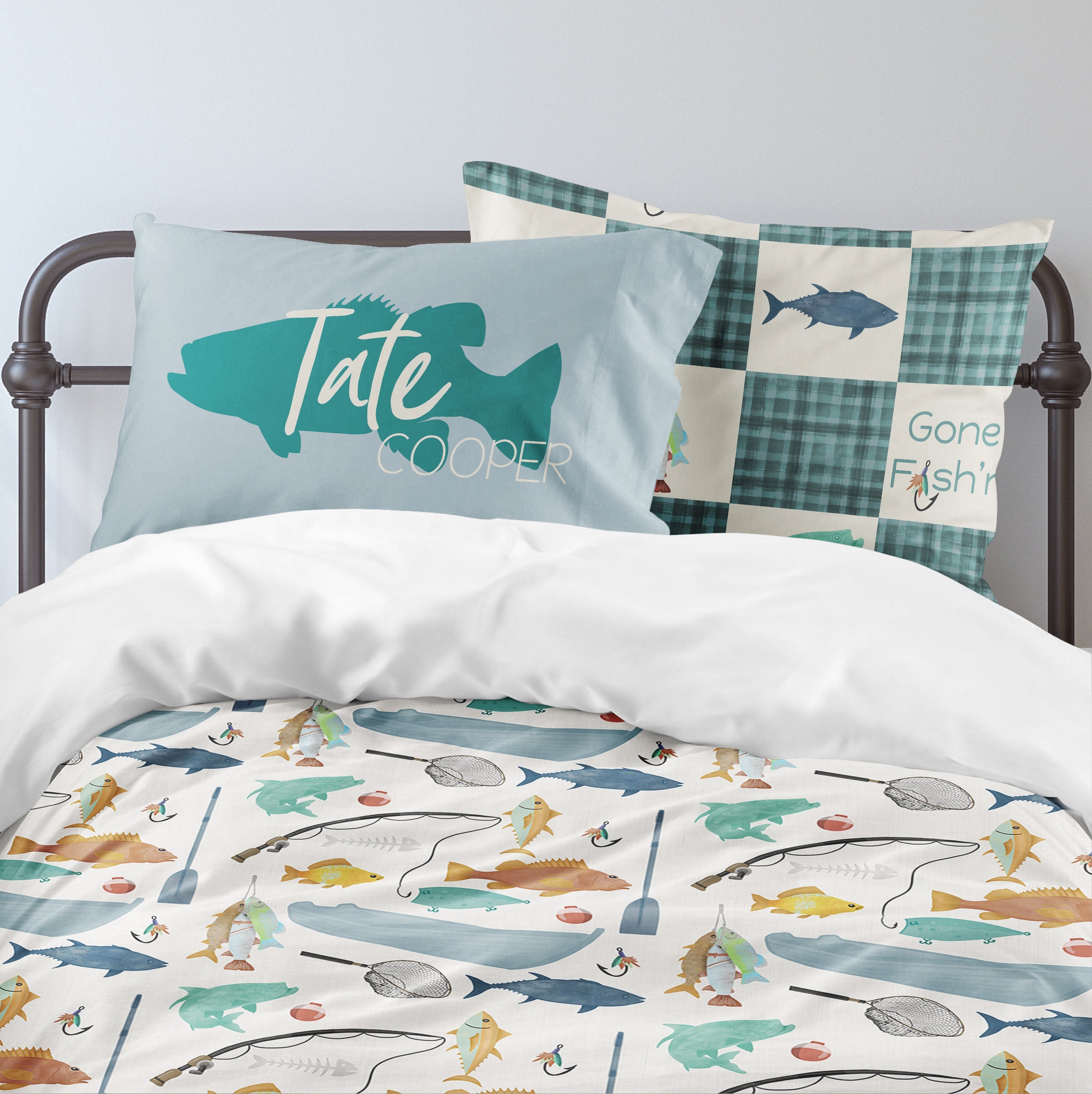 Fishing Bedding Set, Fish Bedroom, Gone Fishing Boys Bedding, Rod Reel,  Comforter, Duvet Cover, Toddler, Twin, Full, Queen, King, Pillowcase 