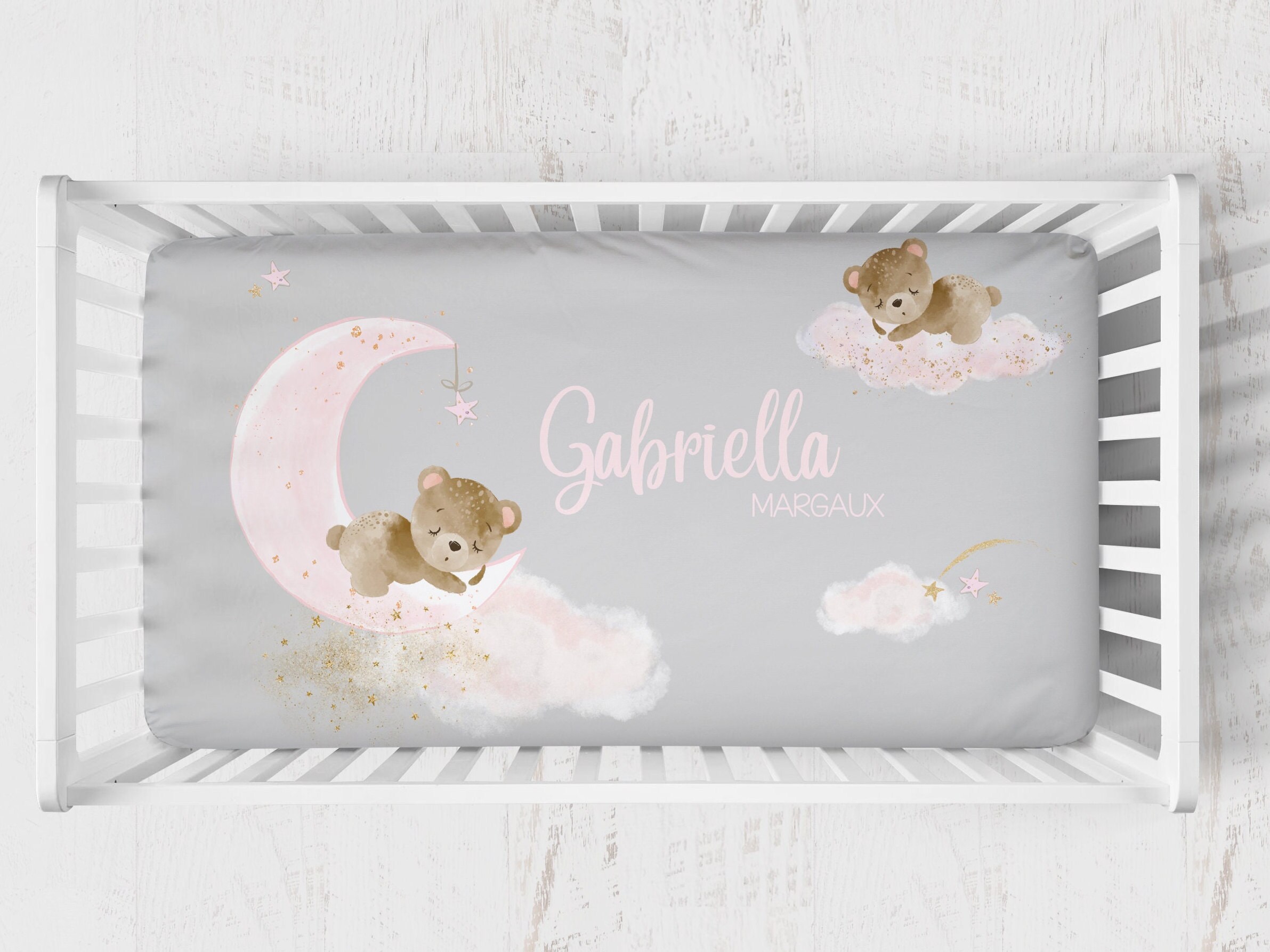 Pink and Gray Baby Girl Crib Bedding Set Teddy Bear Nursery Bedding Pink Baby Bedding Moon and Stars Nursery Personalized Crib Sheet Etsy Canada