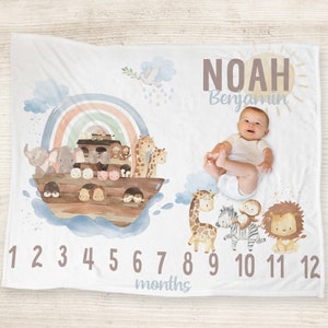 Manta de hitos del Arca de Noé para bebé niño, meses, personalizada con nombre, guardería de bebé de aventuras, accesorio fotográfico para recién nacidos, ropa de cama para niño, arcoíris