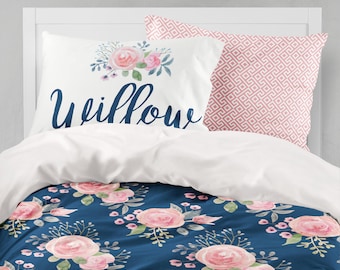 Floral Duvet Cover, Twin Bedding Set, Girls Room, Queen, King, Comforter, Dorm Bedding, Twin XL, Toddler Bedding, Teen Room, Name Pillow