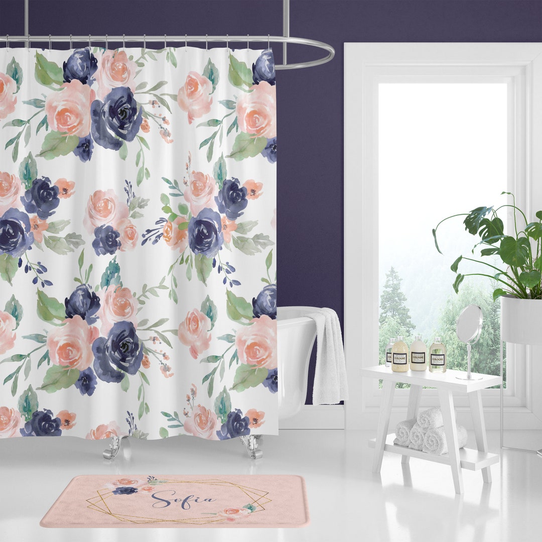 Navy Floral Shower Curtain, Floral Bathroom Decor, Girl Bathroom, Peach