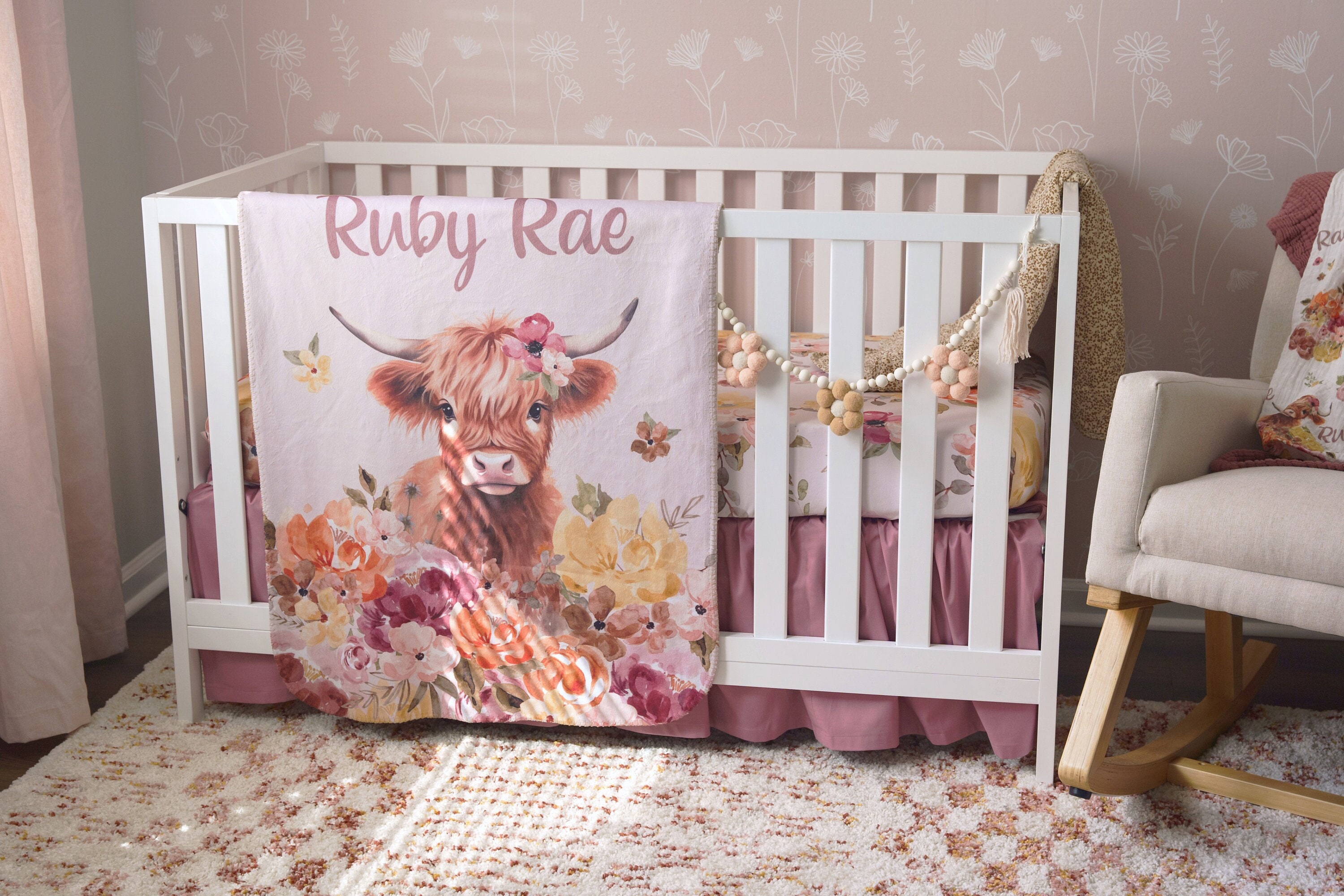 Highland Cow Baby Girl Crib Bedding Set for your Boho Country Nursery, Floral Crib Sheet + Ruffled Crib Skirt + Sherpa Baby Blanket
