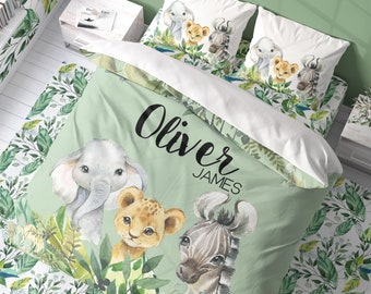 Juego de ropa de cama con motivos de animales de la selva: Edredón o funda nórdica de safari para habitación infantil.