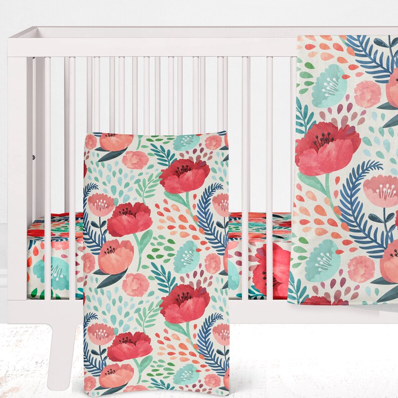 navy and pink floral crib bedding