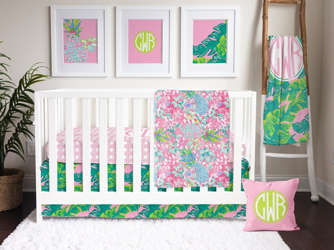 Preppy Crib Bedding, Baby Girl Nursery Set, Pink and Lime Green Baby ...
