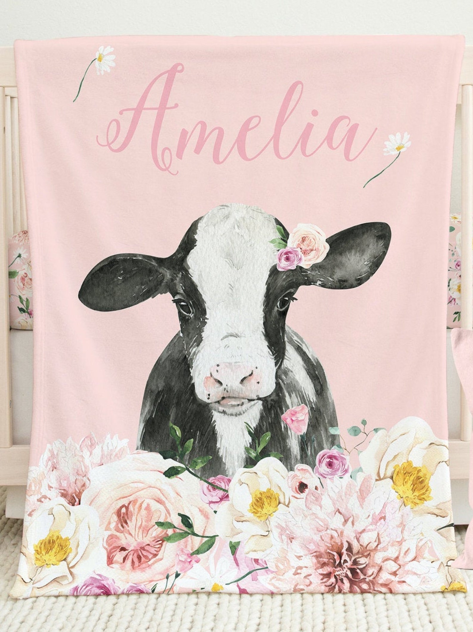 Floral Girl Crib Bedding Cow Baby Bedding Set Calf Pink Etsy