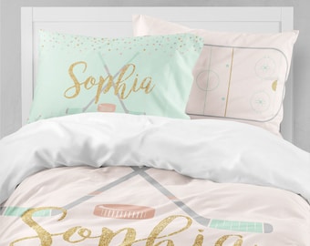 Hockey Girls Bedding Set: Personalized Duvet Cover & Pillowcases