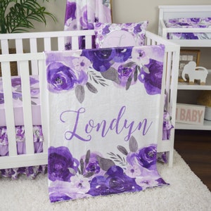 Purple Floral Crib Bedding Set for your Baby Girl Nursery | Personalized Crib Sheet and Baby Blanket for a Baby Shower Gift