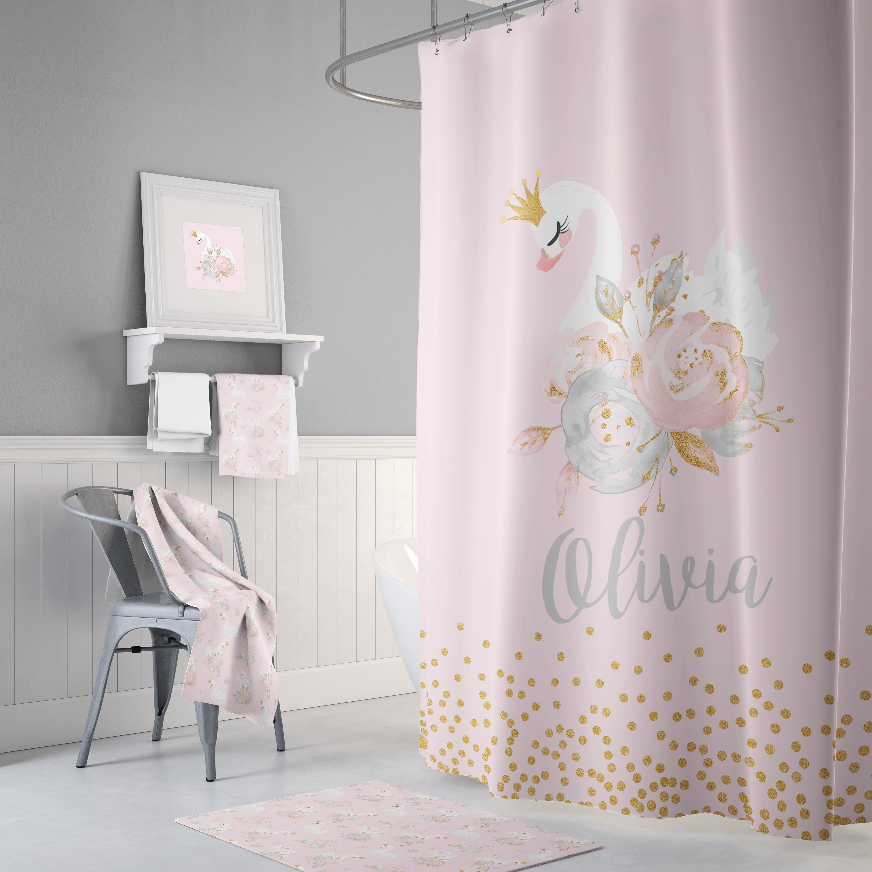 Cortina de ducha con diseño de cisne: decoración floral para baño de niñas,  rosa ruborizado y dorado - Etsy México, image size:3000x3000