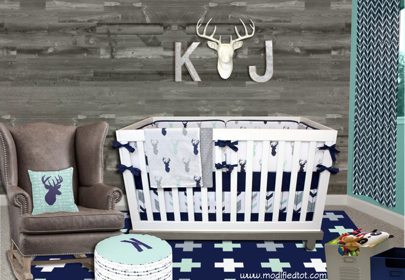 Rustic Crib Bedding Mint Navy Gray Buck Woodland Set Deer Bumper Hunting Baby Nursery