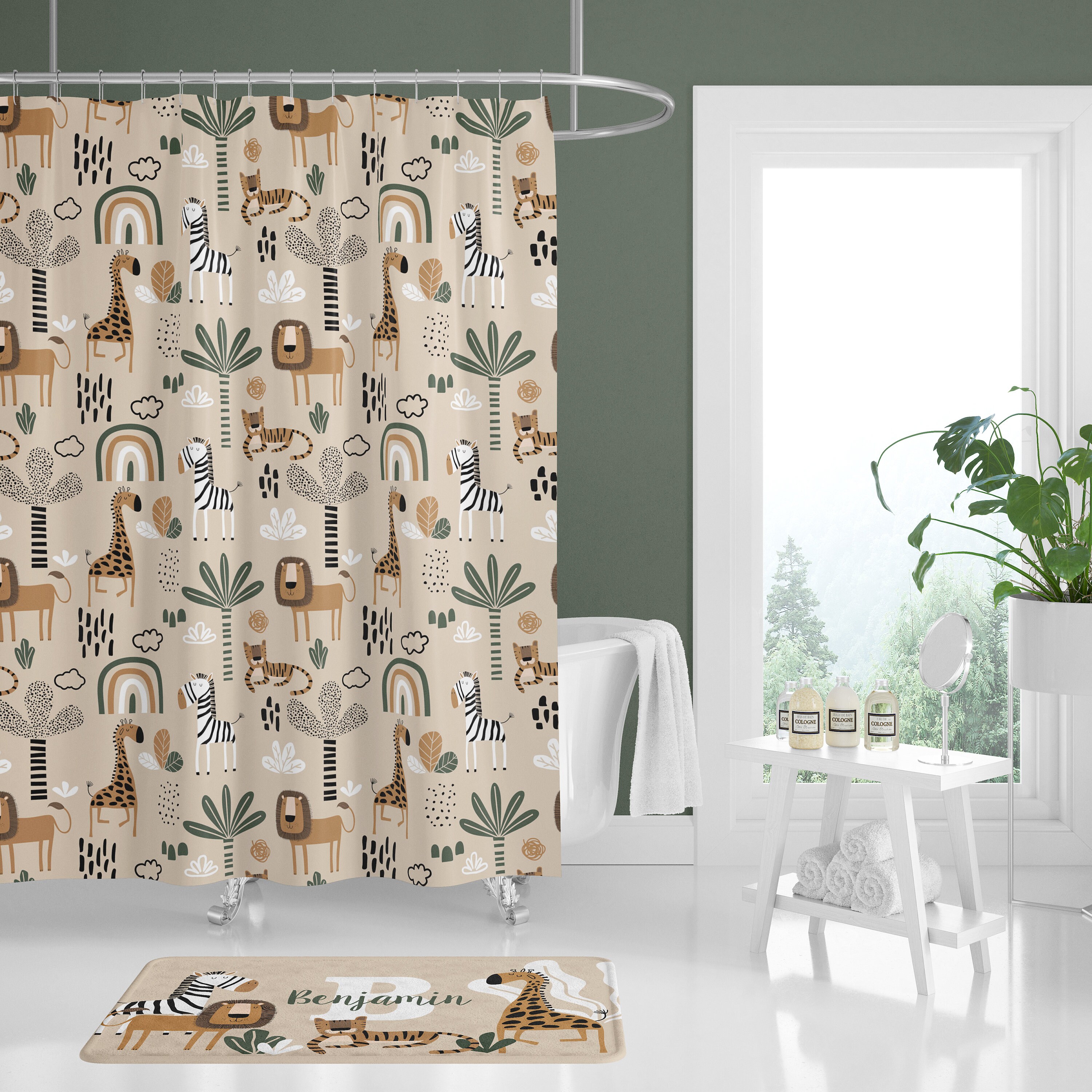 Animal Alphabet Shower Curtain - ABC Educational Bathroom Decor With Hooks, Colorful Kids Design
