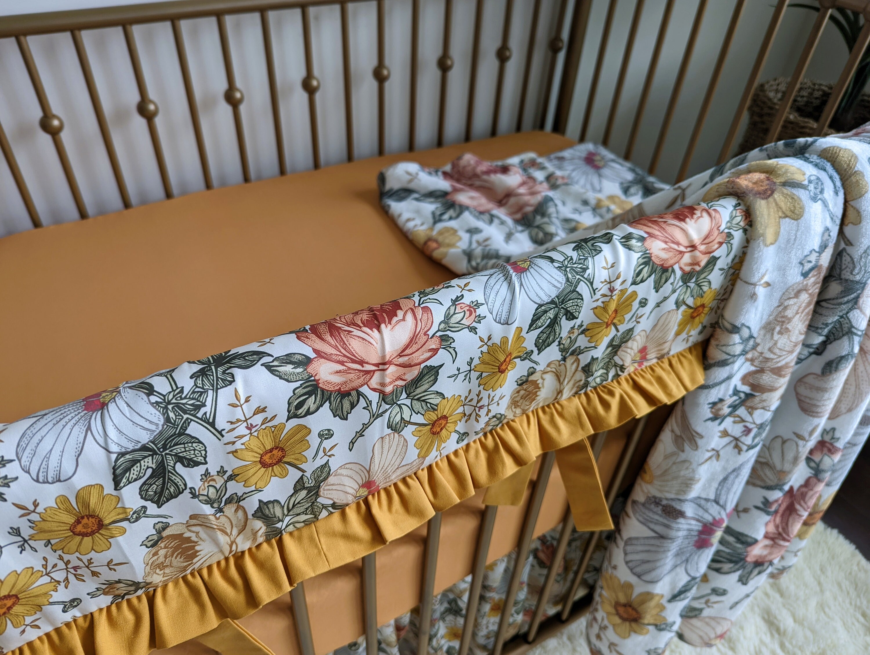 Handmade Baby Pair of Floral Flat Crib Sheets & Pale Yellow Satin Edge 