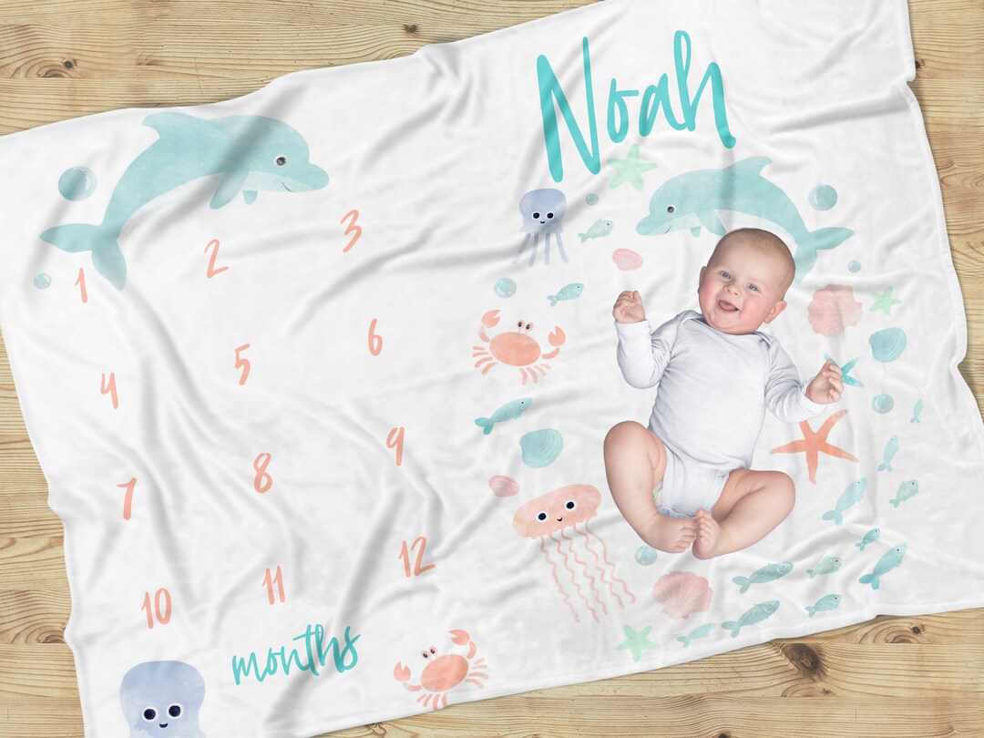 Ocean Milestone Blanket, Baby Boy, Nuetral Nursery, Months