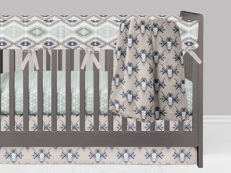 Tribal Nursery Crib Bedding Boho Baby Bull Skull Kilim Triangles Minky Blanket Gray Tan Taupe Mint Neutral Set