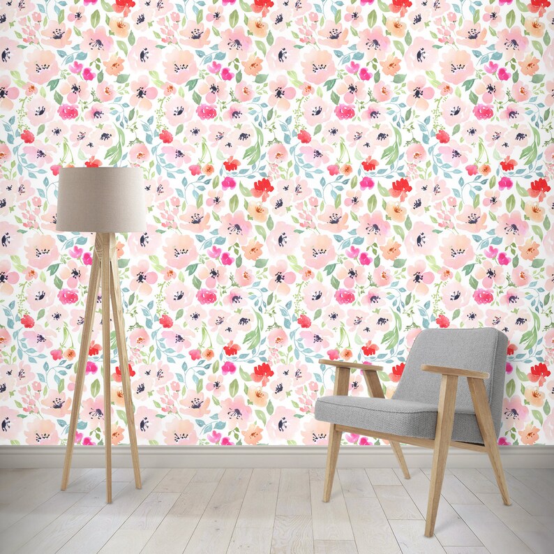 Girls Room Peach Removable Wallpaper Woven Wallpaper Nursery Coral Pink Green Watercolor Floral Peel And Stick Floral Wallpaper Home Living Wall Decor