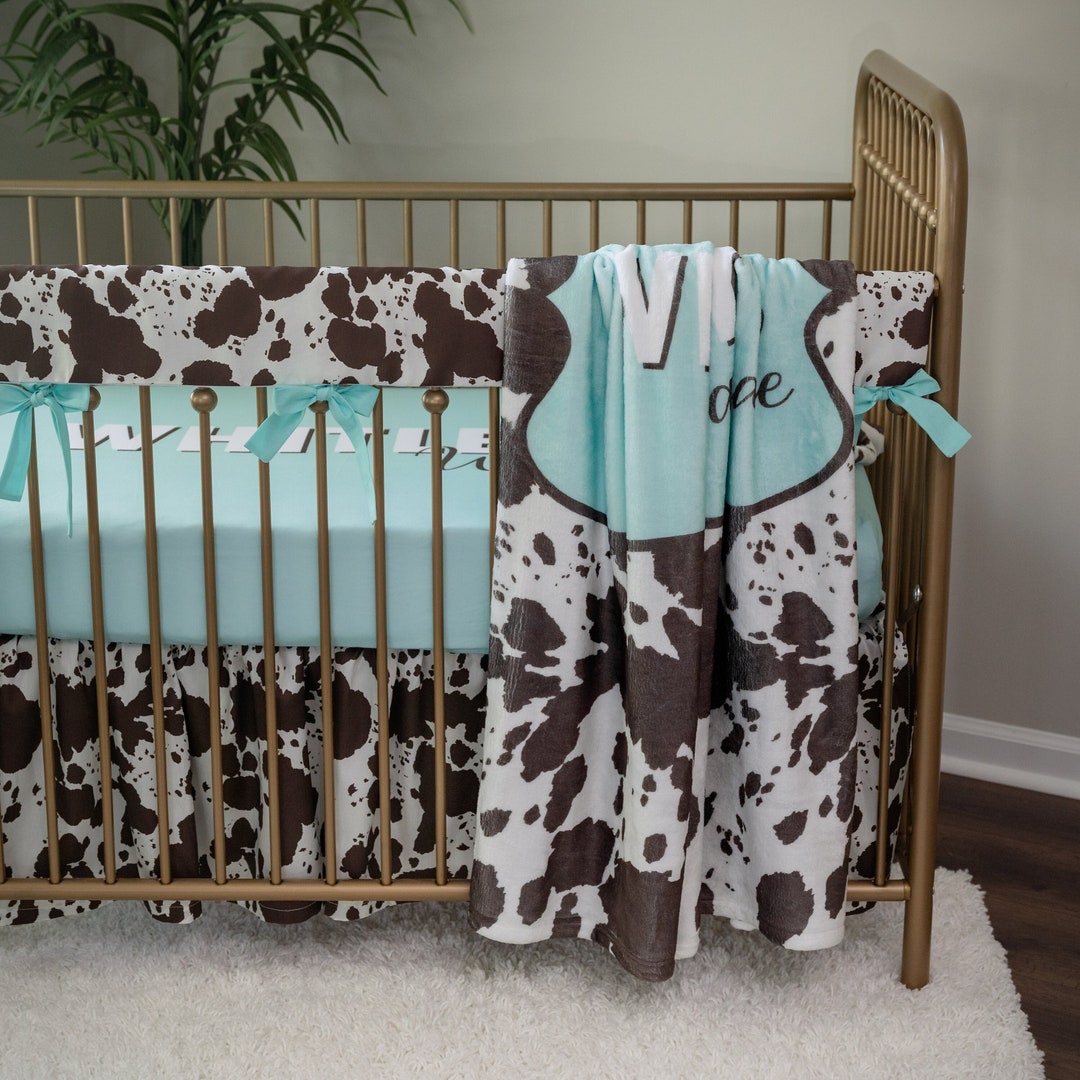 Cowhide Crib Bedding Set Aqua and Brown Farmhouse Nursery Etsy