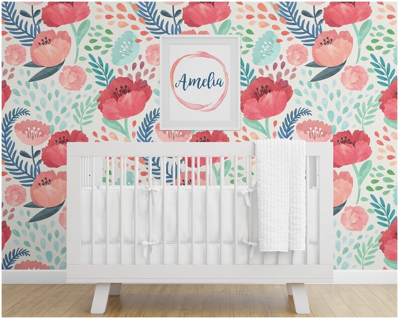 Nursery Wallpaper Peel and Stick Removable Floral Poppy Etsy