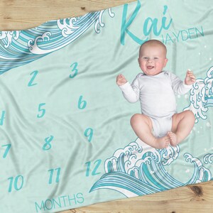 Ocean Waves Milestone Blanket for Baby Boy, Months, Personalized with Name, Beachy Nursery, Ocean, Sea, Gender Neutral Baby Gift, Surfer