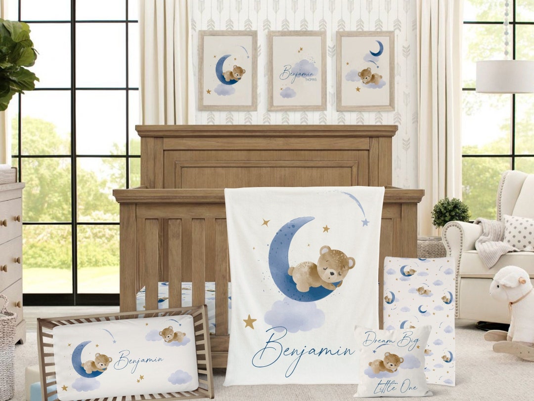 Teddy Bear Crib Bedding for Baby Boy Nursery, Moon and Stars Baby