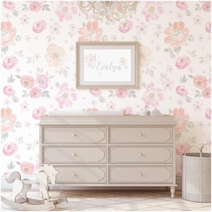 Removable Wallpaper, Floral Wallpaper, Watercolor Floral, Blush Pink, Coral, Mint, Nursery Wallpaper, Wall Mural, Girl Room, Peel and Stick