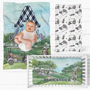 Golfbabydeken met naam | Gepersonaliseerde hoeslaken of aankleedkussenhoes voor babyjongen golfer douchecadeauset