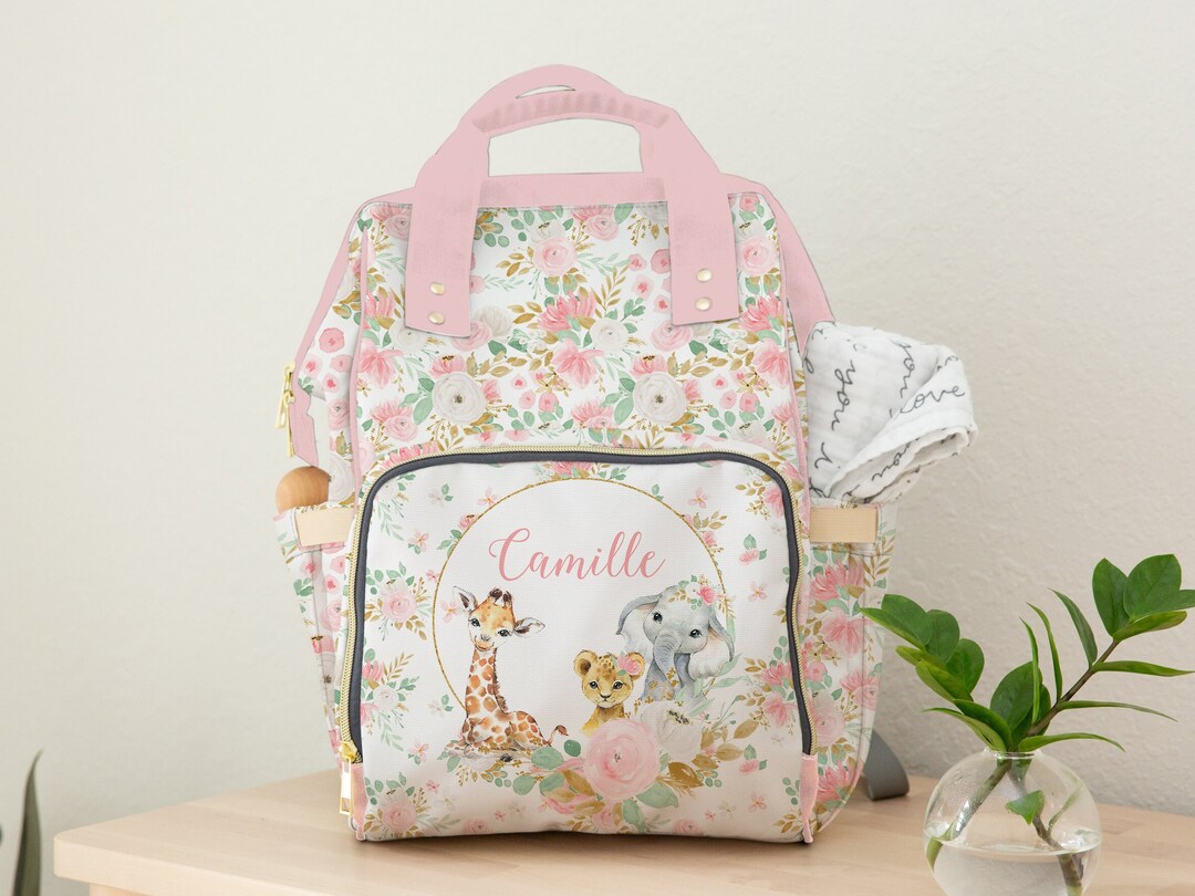 Personalized Baby Girl Diaper Bag, Backpack, Jungle, Safari, Pink
