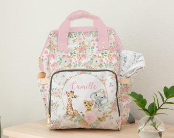 Personalized Baby Girl Diaper Bag, Backpack, Jungle, Safari, Pink Floral Nursery Decor, Baby Girl Shower Gift, Floral Diaper Bag, Elephant
