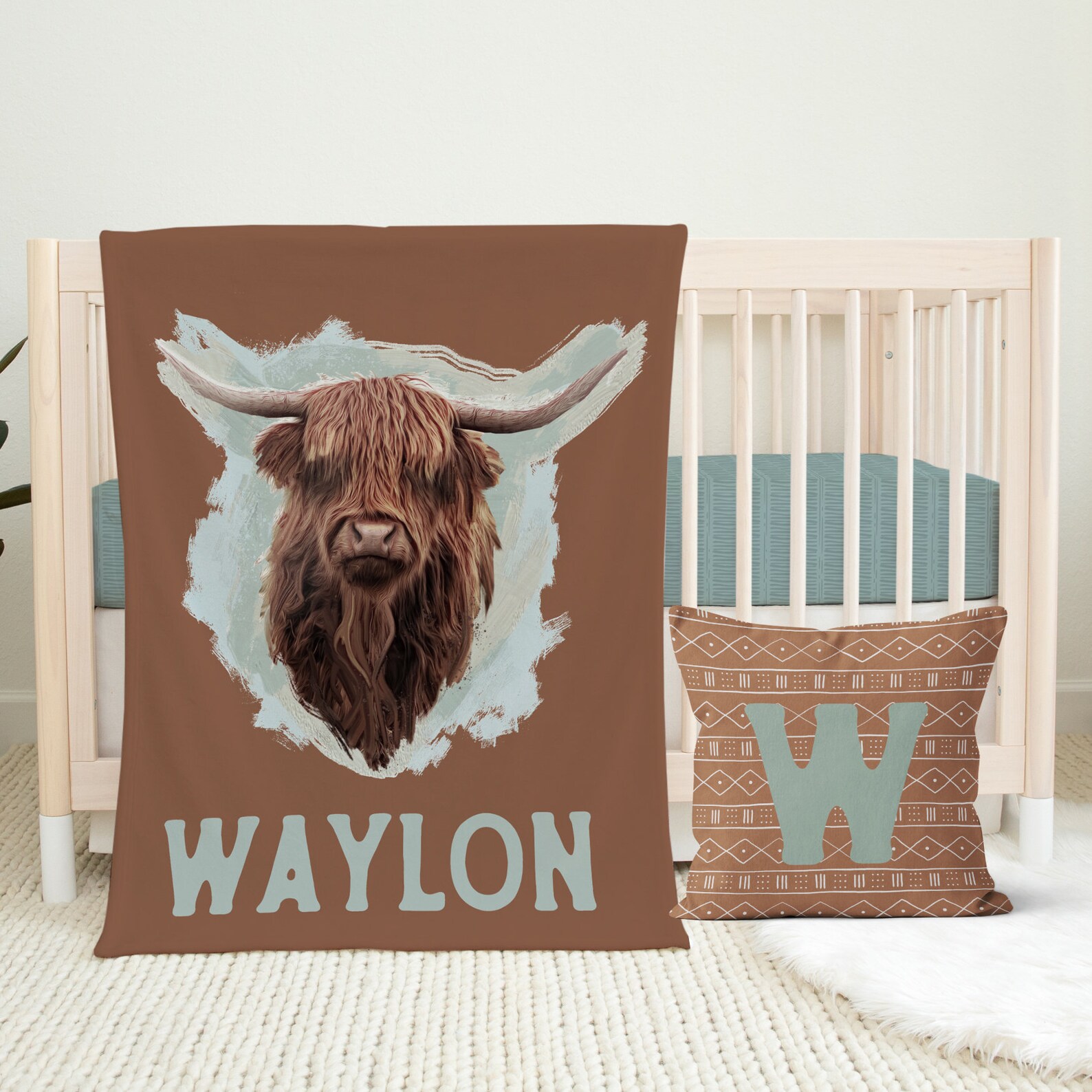 Baby Boy Crib Bedding Set Highland Cow Cattle Mudcloth Etsy