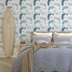 Whale Wallpaper, Ocean Peel and Stick Wallpaper, Nautical, Removable, Nursery Wallpaper, Ocean, Blue, Whale, Boys Room, Ocean Whale Decor