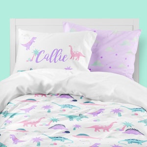 Girls Room Bedding, Pink, Purple, Dinosaur Bedding, Toddler Bedding Set, Twin Comforter, Aqua, Queen Duvet Cover, Personalized, Pillowcase
