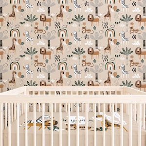 Nursery Wallpaper, Safari Removable Wallpaper, Jungle, Peel Stick, Kids Room Wallpaper, Giraffe, Lion, Tiger, Jungle Nursery, Safari Animal