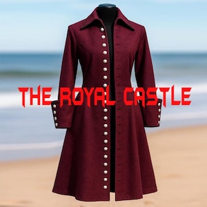May include: A burgundy long coat with a high collar and a row of white buttons down the front. The coat has long sleeves with buttoned cuffs. The text "THE ROYAL CASTLE" is displayed across the image.