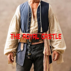 May include: A pirate costume featuring a navy blue vest with white ties, a cream-colored long-sleeve shirt, and a brown leather belt. The costume includes a red and white striped sash and the text "THE ROYAL CASTLE".