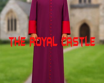 May include: A long, purple robe with red cuffs and red buttons down the front. The robe has a high collar and is worn in front of a church. The text "THE ROYAL CASTLE" is displayed in red.