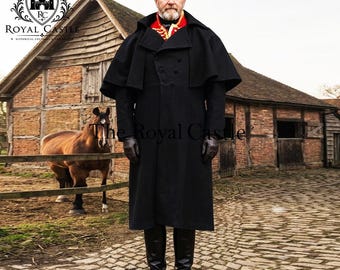 Victorian Coachman's Cape : Sherlock Holmes Cloak Coat, Cowmen Inverness Cape Black Wool Clothing
