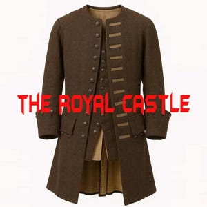 May include: A brown long-sleeved coat featuring a round neckline, a front button closure with metallic buttons, and decorative horizontal tabs on the left side. The text THE ROYAL CASTLE is overlaid in red across the centre of the garment.