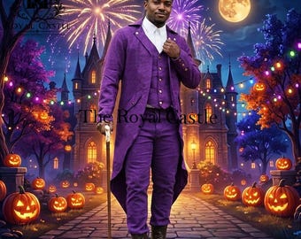 Casaco roxo estilo steampunk vitoriano, fantasia assustadora de cavalheiro para o Halloween. Castelo