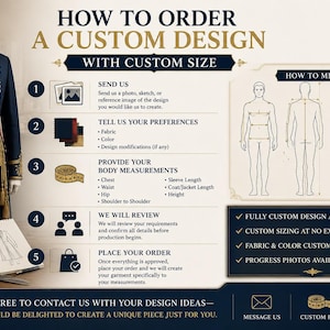 May include: An instructional infographic titled HOW TO ORDER A CUSTOM DESIGN WITH CUSTOM SIZE. It features a navy blue military-style jacket with gold trim, a red sash, a sketch pad, scissors, and a measuring tape. It outlines five steps for ordering.