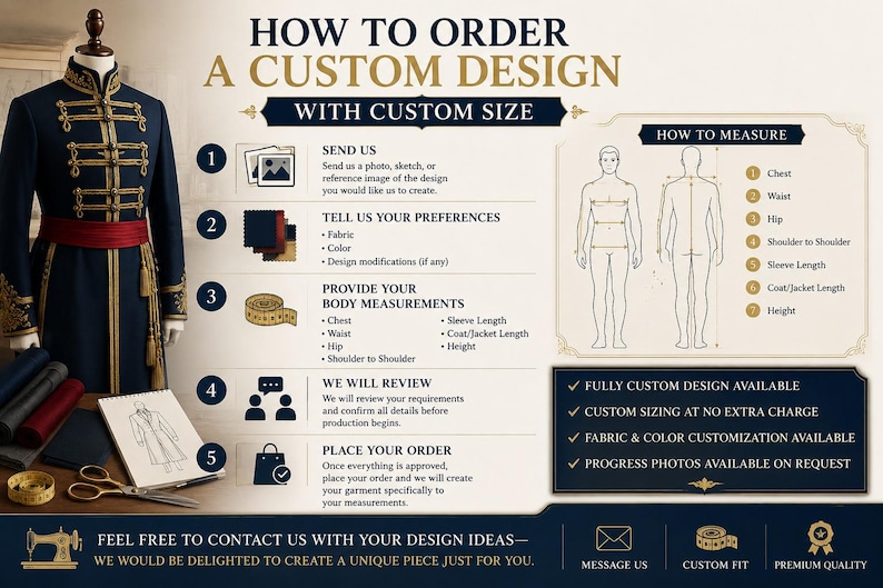 May include: An instructional infographic titled HOW TO ORDER A CUSTOM DESIGN WITH CUSTOM SIZE. It features a navy blue military-style jacket with gold trim, a red sash, a sketch pad, scissors, and a measuring tape. It outlines five steps for ordering.