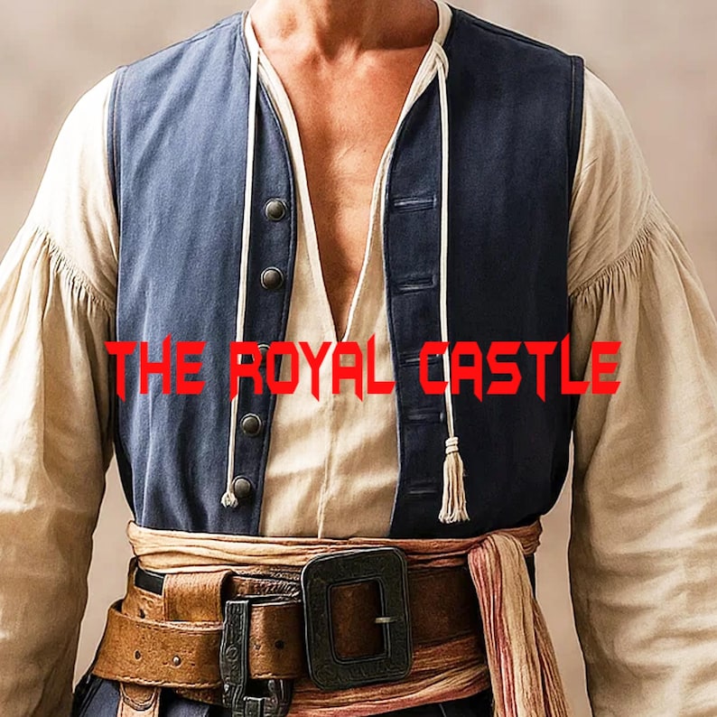 Captain Jack Sparrow Style Vest, Pirate Costume Vest, Halloween Cosplay Vest, Caribbean Inspire Vest, Historical Costume Vest Blue Wool Vest Front view