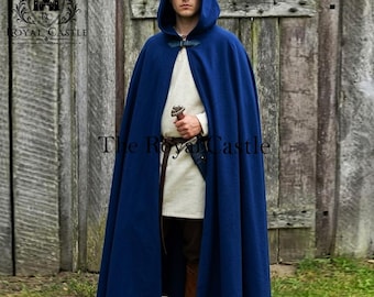 Steampunk Fantasy Cloak, Medieval Apparel Period, Blue Wool Hooded Clothing