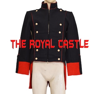 May include: A black tailcoat with red trim and gold buttons. The coat has a stand-up collar and a zipper closure. The text "THE ROYAL CASTLE" is printed on the front of the coat.