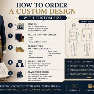 May include: An instructional infographic titled HOW TO ORDER A CUSTOM DESIGN WITH CUSTOM SIZE. It features a navy blue military-style jacket with gold trim, a red sash, a sketch pad, scissors, and a measuring tape. It outlines five steps for ordering.